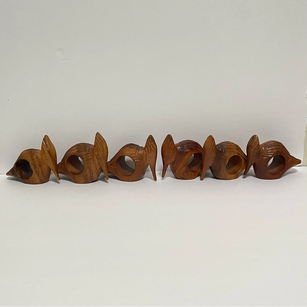 Woodpecker Bird Napkin Rings Hand Carved Wood Rustic Farmhouse Cabin Set of 6